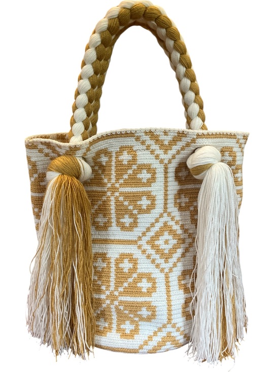 Handbags - Wayuu Mochila bag Handwoven Tote Bag Cream & Mustard floral & Tassel design.